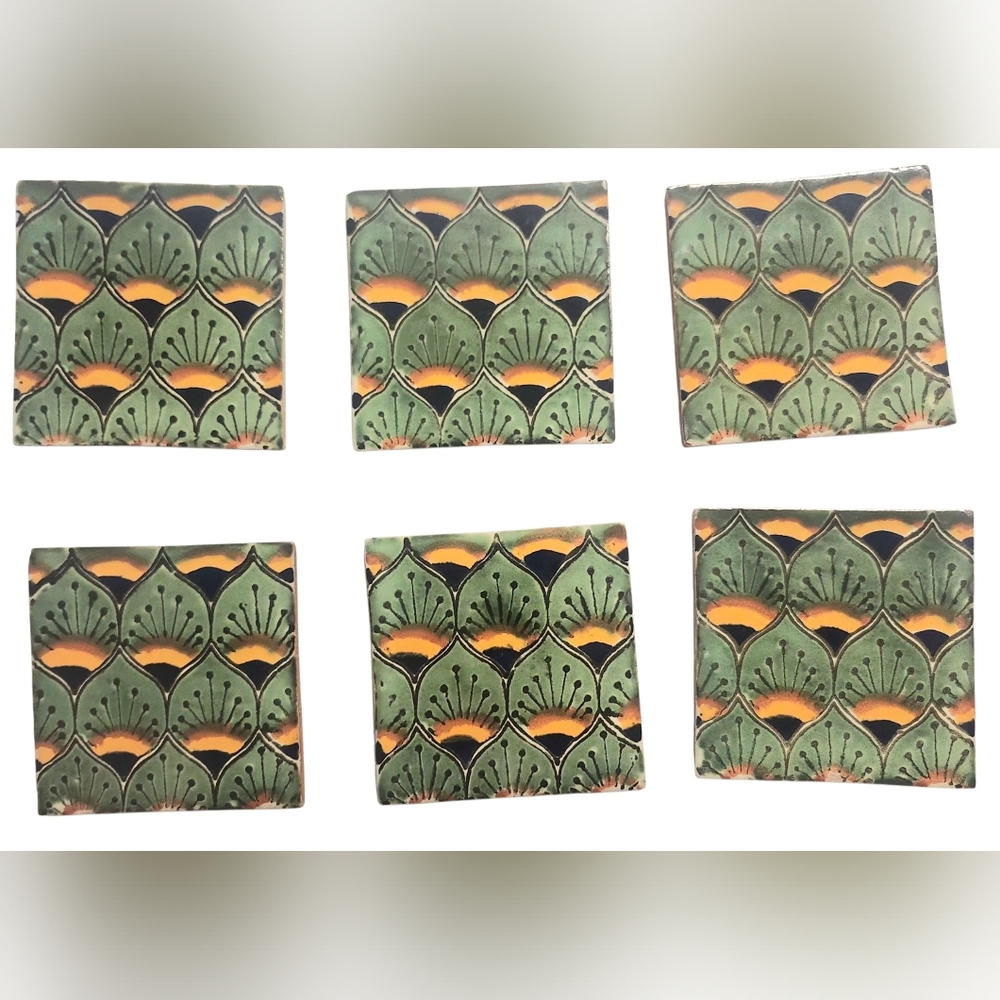 Traditional Mexican Talavera Tiles - Cuerda Verde, 4"×4", 6 Pieces